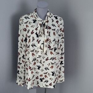 Vintage Cartise Shoe Print Tie Neck Bow Blouse Gold Rectangle Buttons